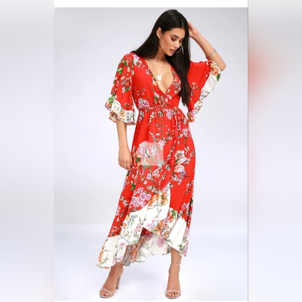 Paradise Island Red Floral Print Wrap Dress